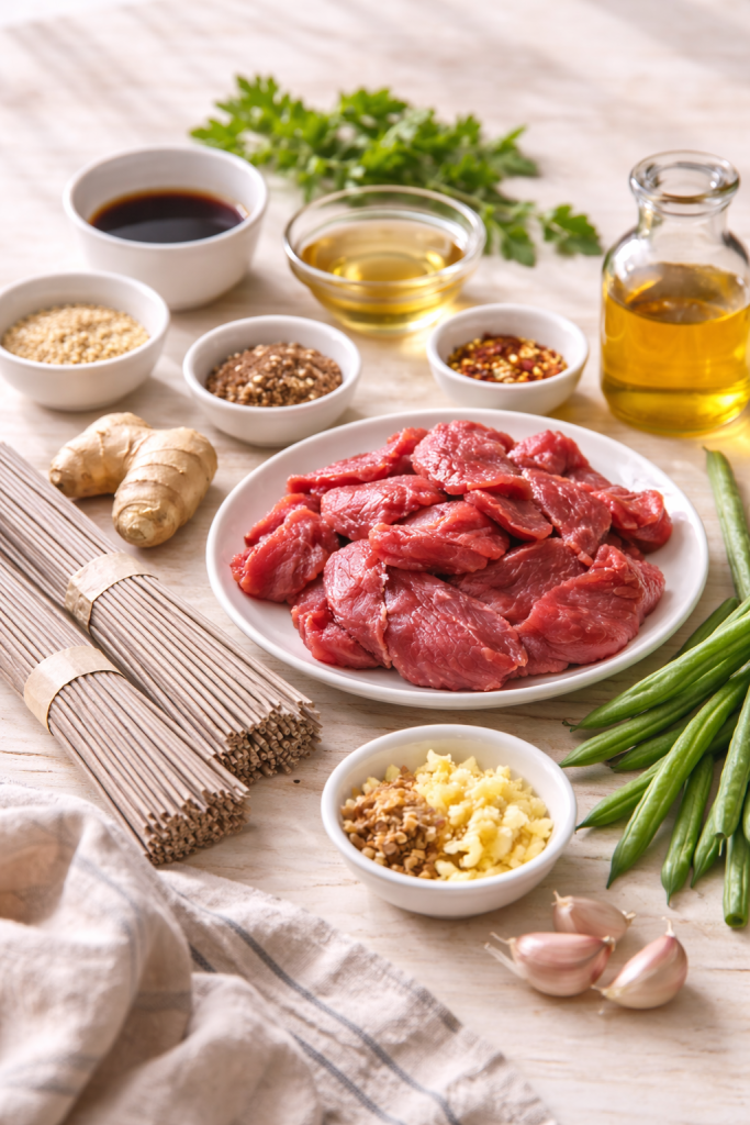 ingredients for beef soba noodles on wooden table side angle natural light slightly messy