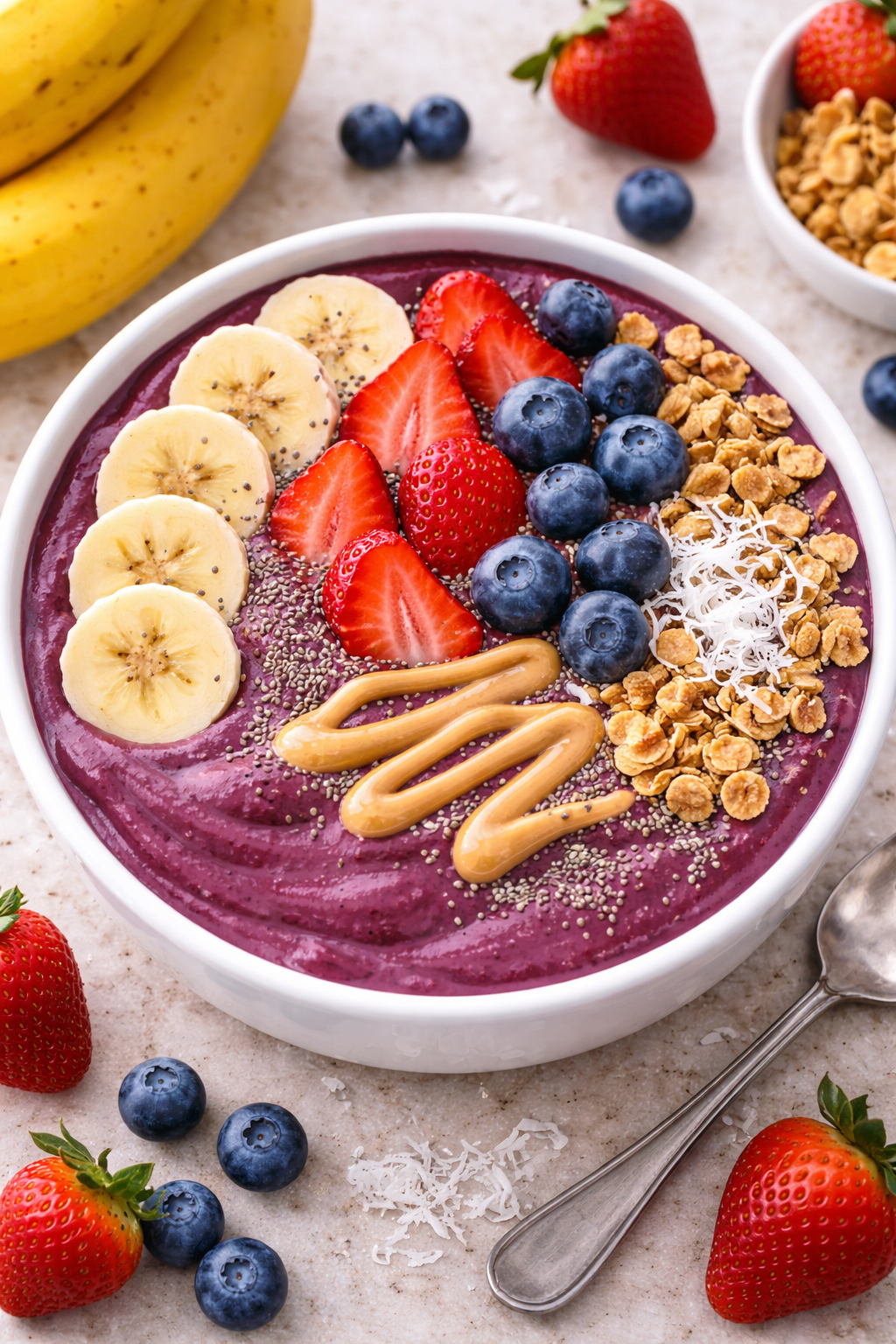 Acai smoothie bowl with banana, strawberries, blueberries, granola, coconut flakes, and chia seeds