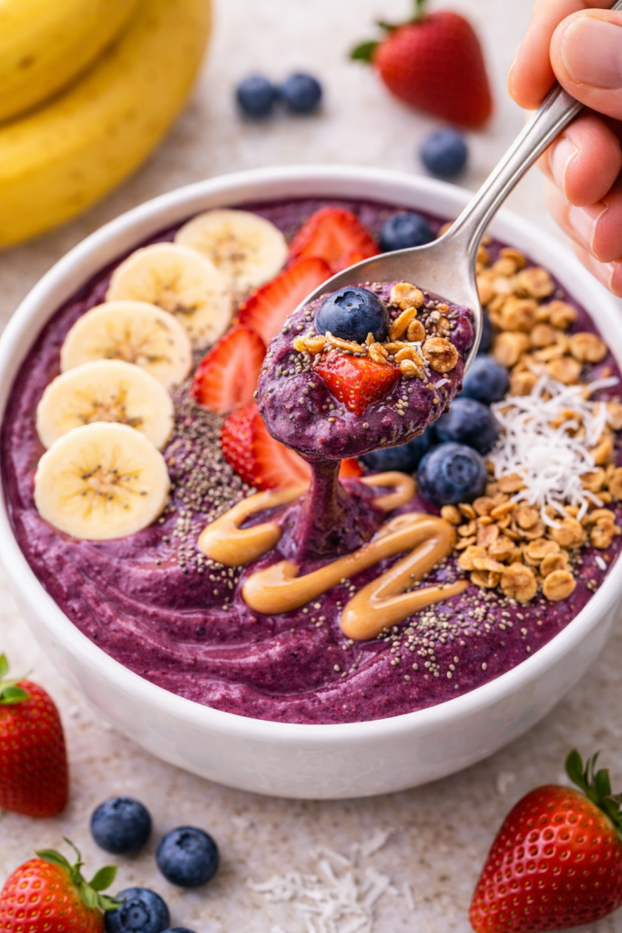 Spoon lifting thick acai smoothie bowl with berries, banana, granola, and chia seeds