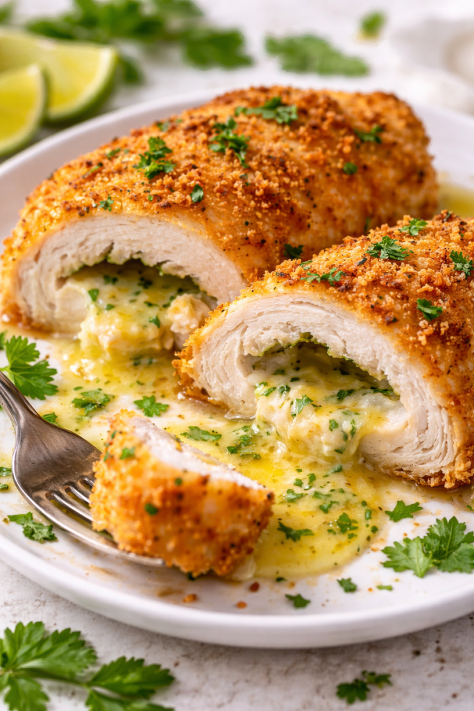 Air fryer chicken kiev sliced open with melted garlic butter inside and crispy golden coating