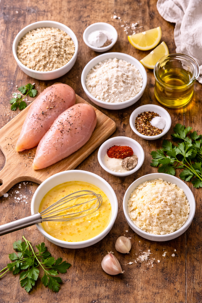 Ingredients for air fryer chicken tenders casually spread on a wooden table including chicken, egg, breadcrumbs and parmesan