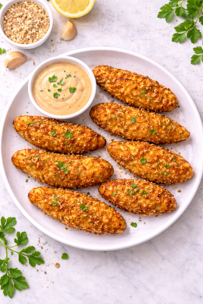 Air fryer chicken tenders arranged in a single layer on a plate with dipping sauce, viewed from above