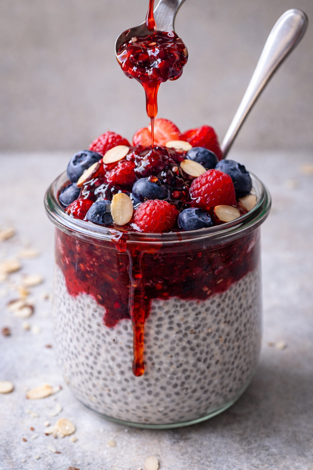 Almond chia pudding layered with berry compote and fresh berries, topped with dripping fruit sauce