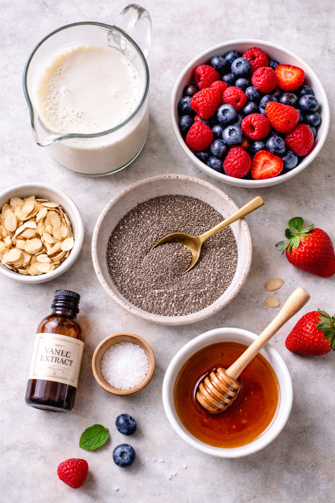 Ingredients for almond chia pudding including almond milk, chia seeds, berries, honey, and vanilla