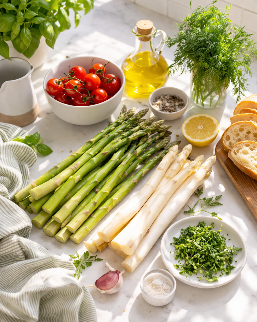 Fresh asparagus salad ingredients on a bright kitchen countertop with natural daylight, including asparagus, tomatoes, lemon, herbs, and olive oil