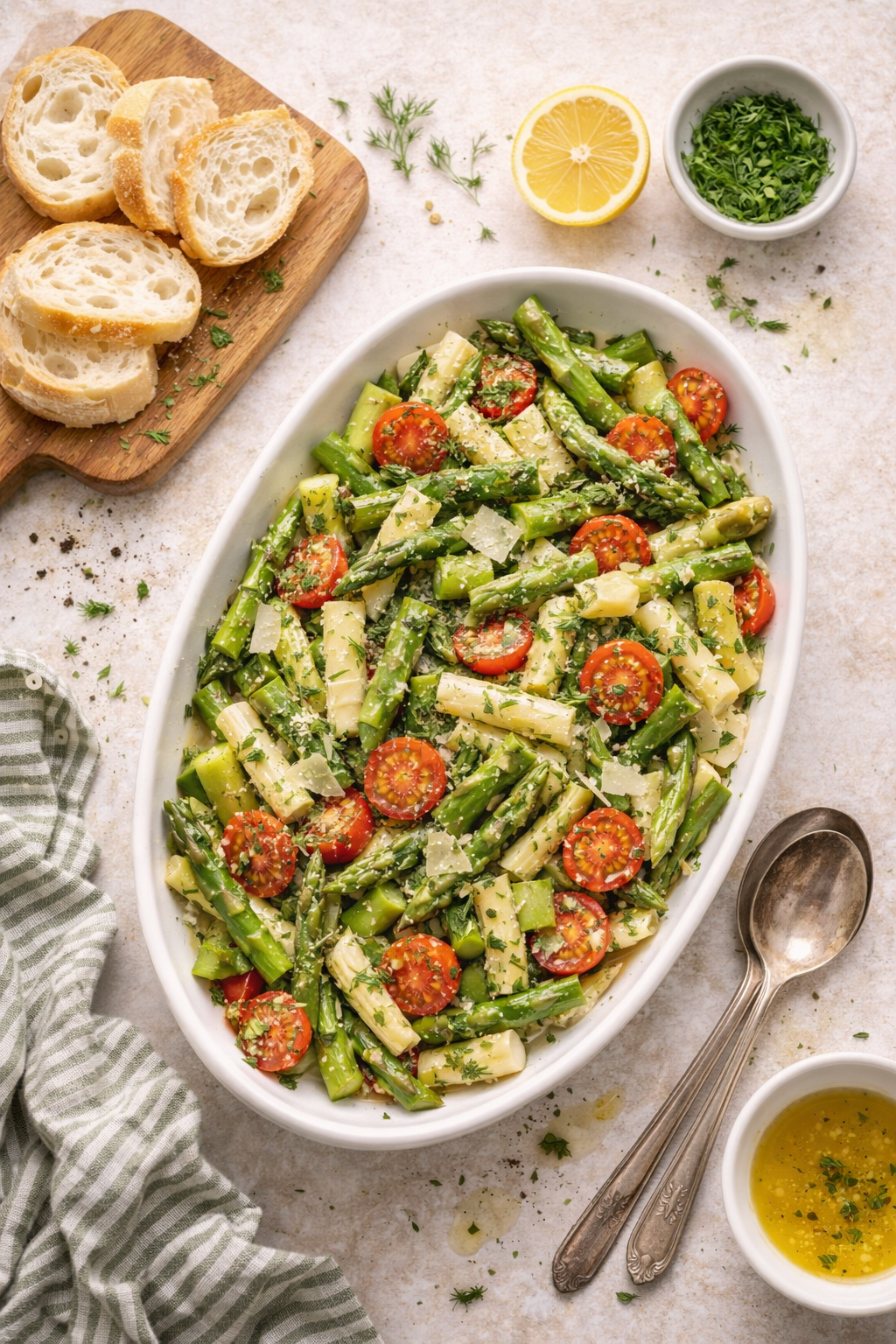 Asparagus salad with cherry tomatoes, herbs, and parmesan served in a white dish on a light table with bread and lemon