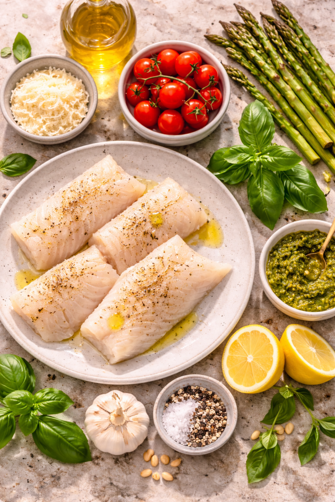 Fresh ingredients for baked cod with pesto including raw cod fillets, pesto, tomatoes, basil and lemon arranged on a light surface