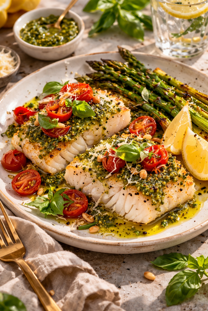 Baked cod with pesto served with roasted potatoes, cherry tomatoes and fresh greens on a plate