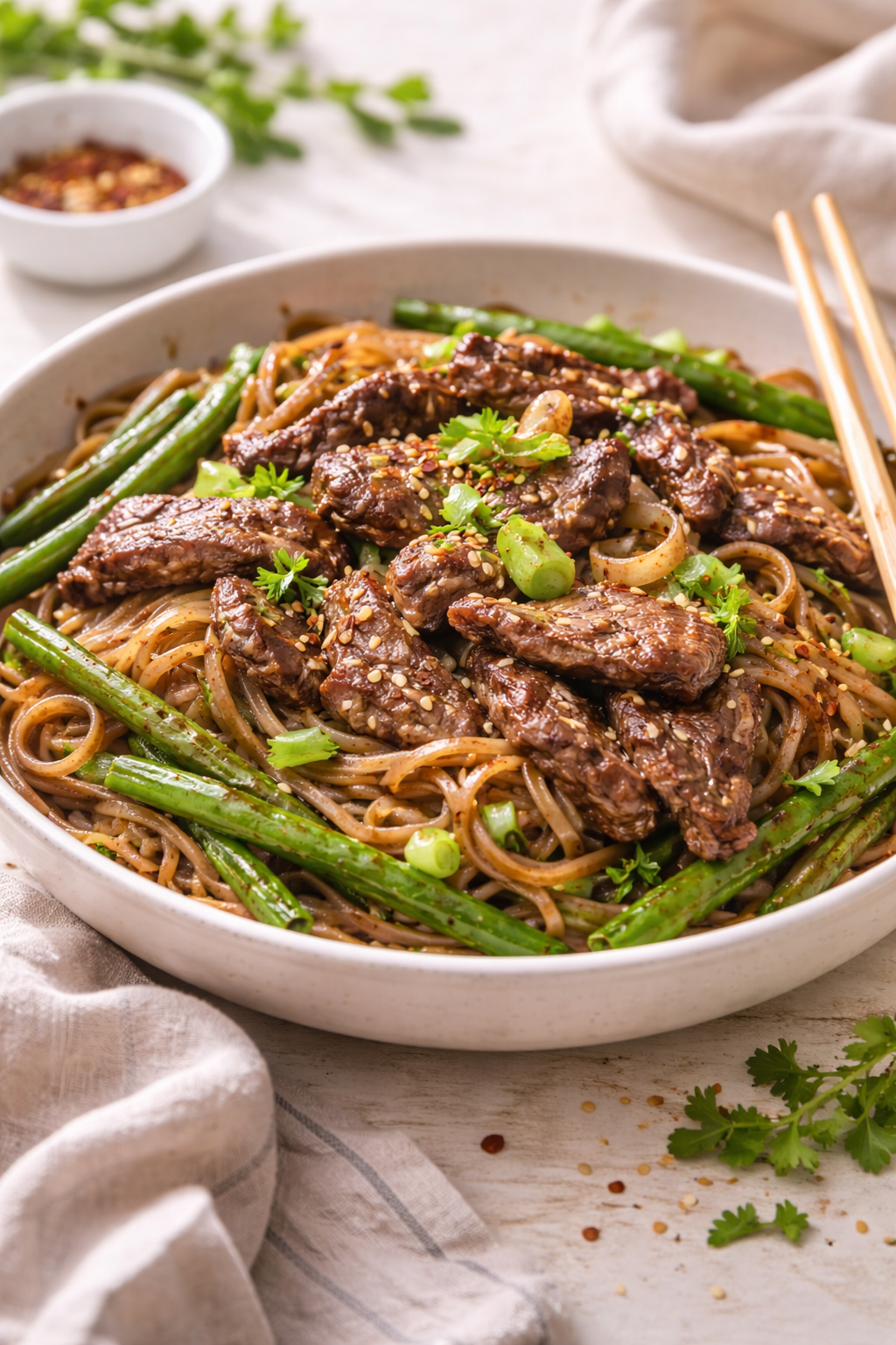 beef soba noodles with green beans sesame seeds and sauce served in bowl
