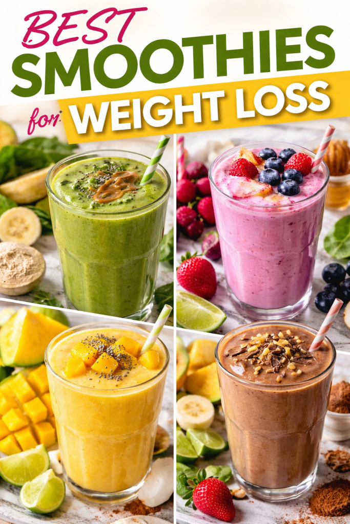 Colorful smoothie recipes for weight loss in clear glasses including green, berry, mango, and chocolate smoothies
