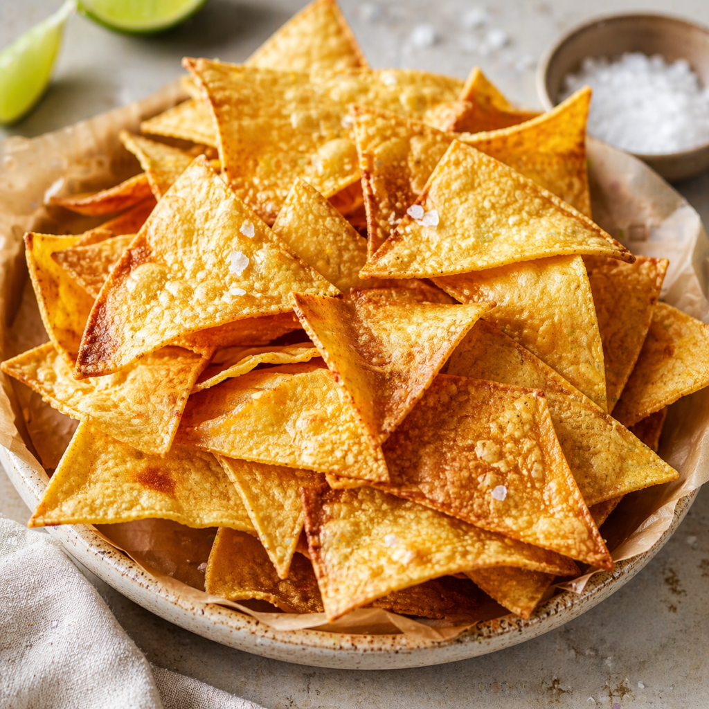 golden crispy homemade tortilla chips piled on a plate with visible crunchy texture and salt