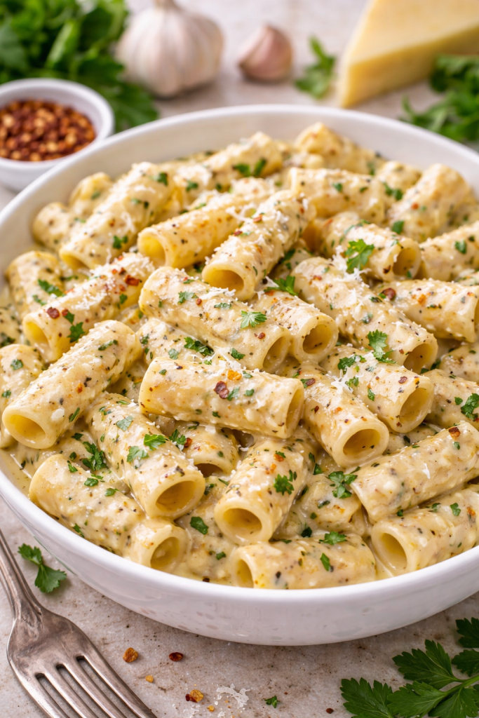 Creamy Boursin pasta with garlic herb sauce, rigatoni coated in a rich smooth texture with parsley and parmesan