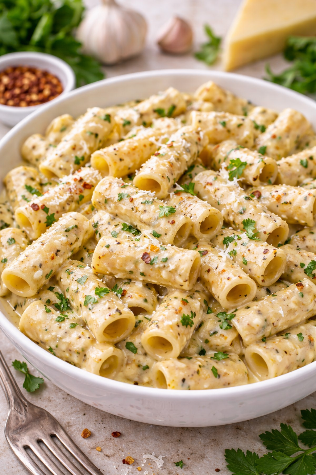 Creamy Boursin pasta with garlic herb sauce, rigatoni coated in a rich smooth texture with parsley and parmesan