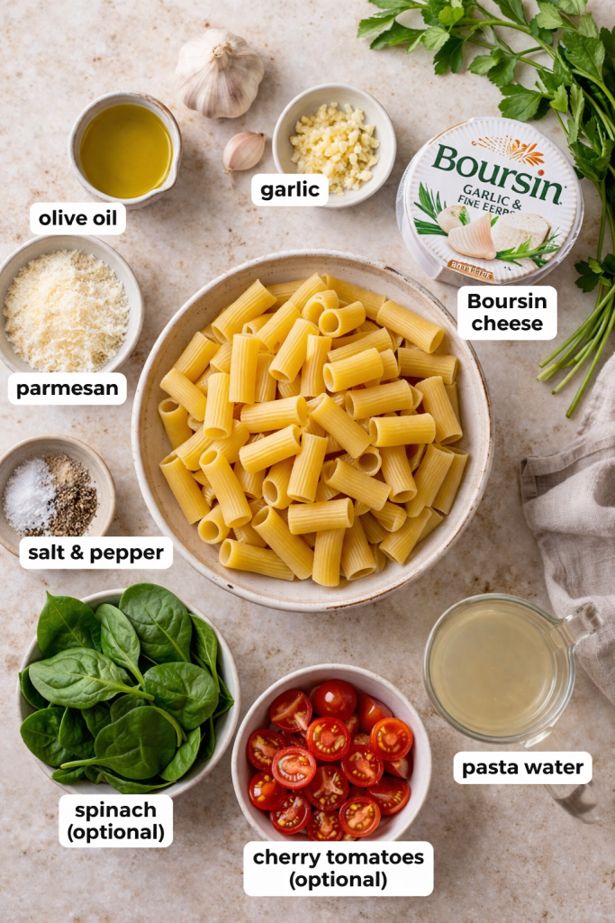 Ingredients for Boursin pasta including rigatoni, Boursin cheese, garlic, olive oil, parmesan, spinach, cherry tomatoes, and pasta water
