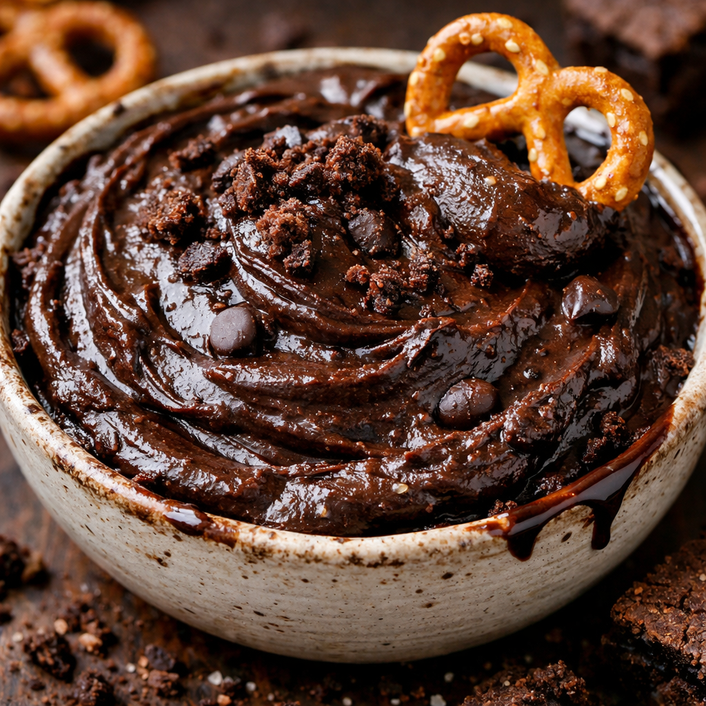 thick glossy brownie batter dip in a bowl with rich chocolate texture and visible swirls