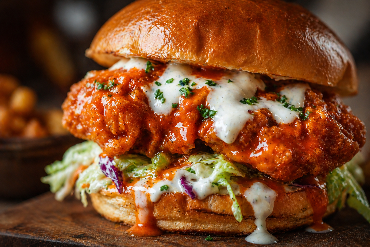 crispy buffalo chicken burger with spicy sauce and creamy drizzle close up with soft bun and slaw