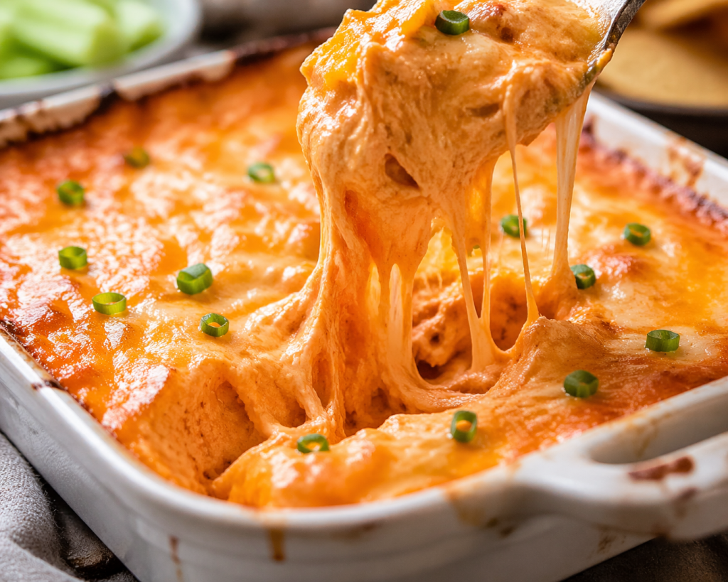 creamy buffalo chicken dip with melted cheese pull in baked dish close up