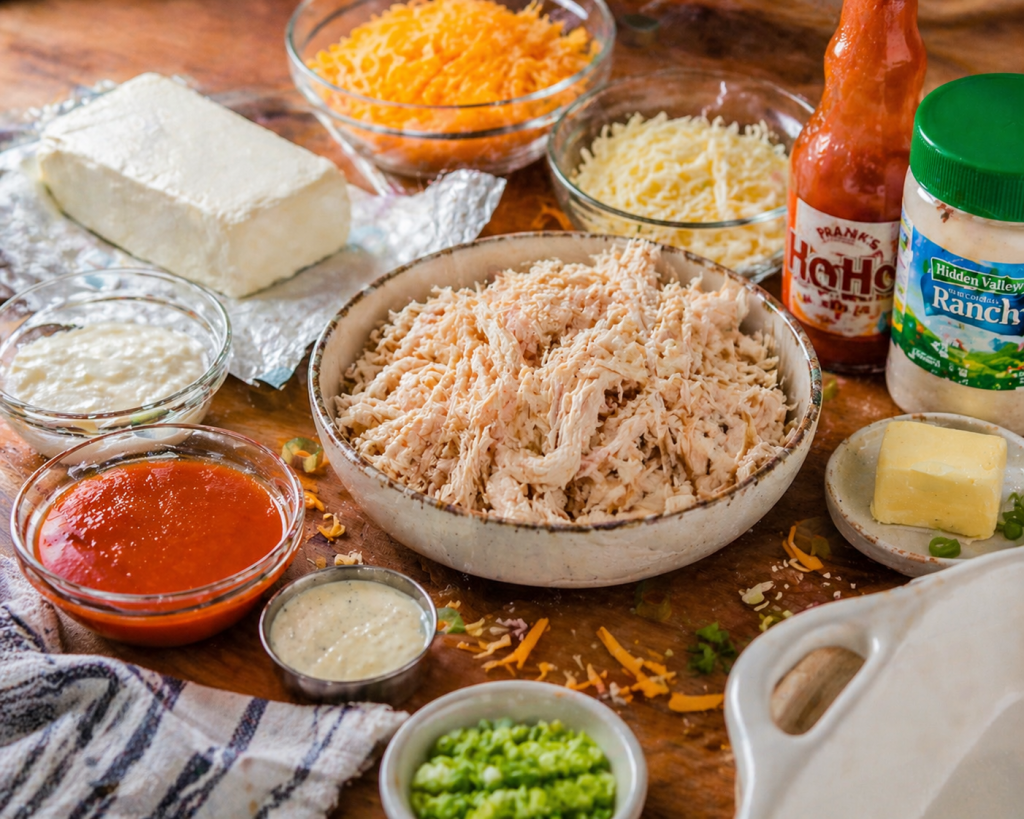 ingredients for buffalo chicken dip including shredded chicken cream cheese cheddar and buffalo sauce on kitchen counter