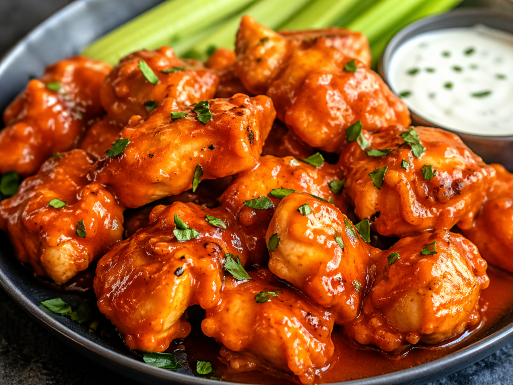 juicy buffalo chicken coated in glossy spicy sauce with creamy dip on the side close-up