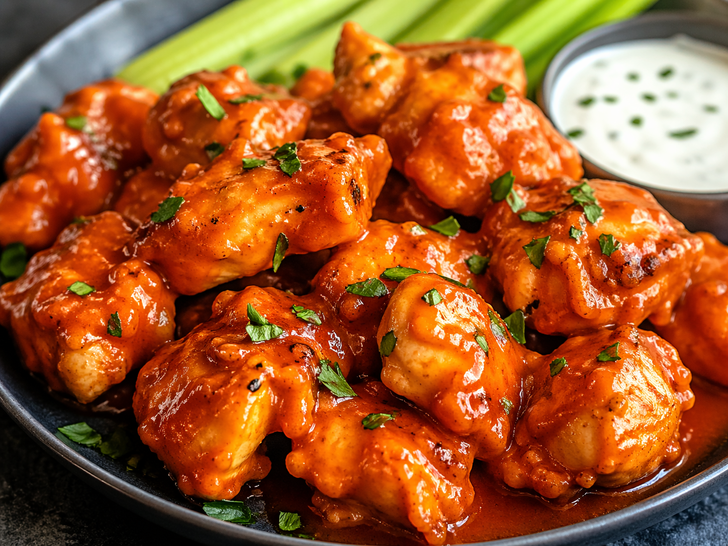 juicy buffalo chicken coated in glossy spicy sauce with creamy dip on the side close-up