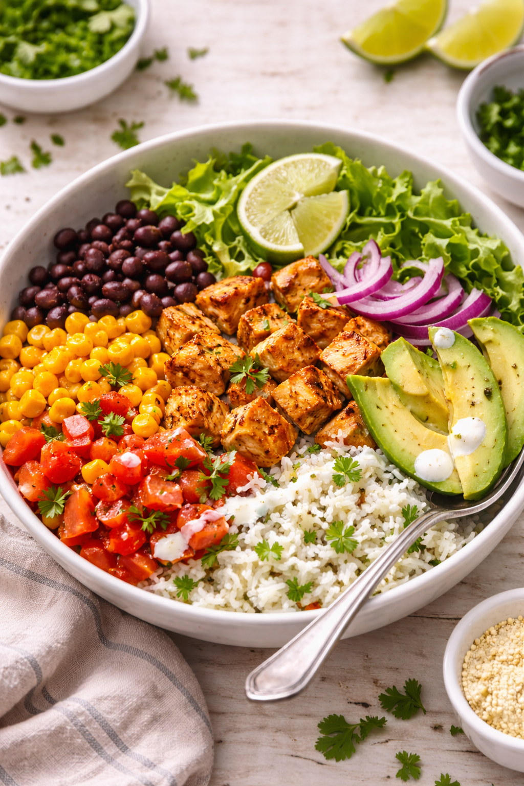burrito bowl with chicken rice beans corn avocado and fresh toppings served in bowl