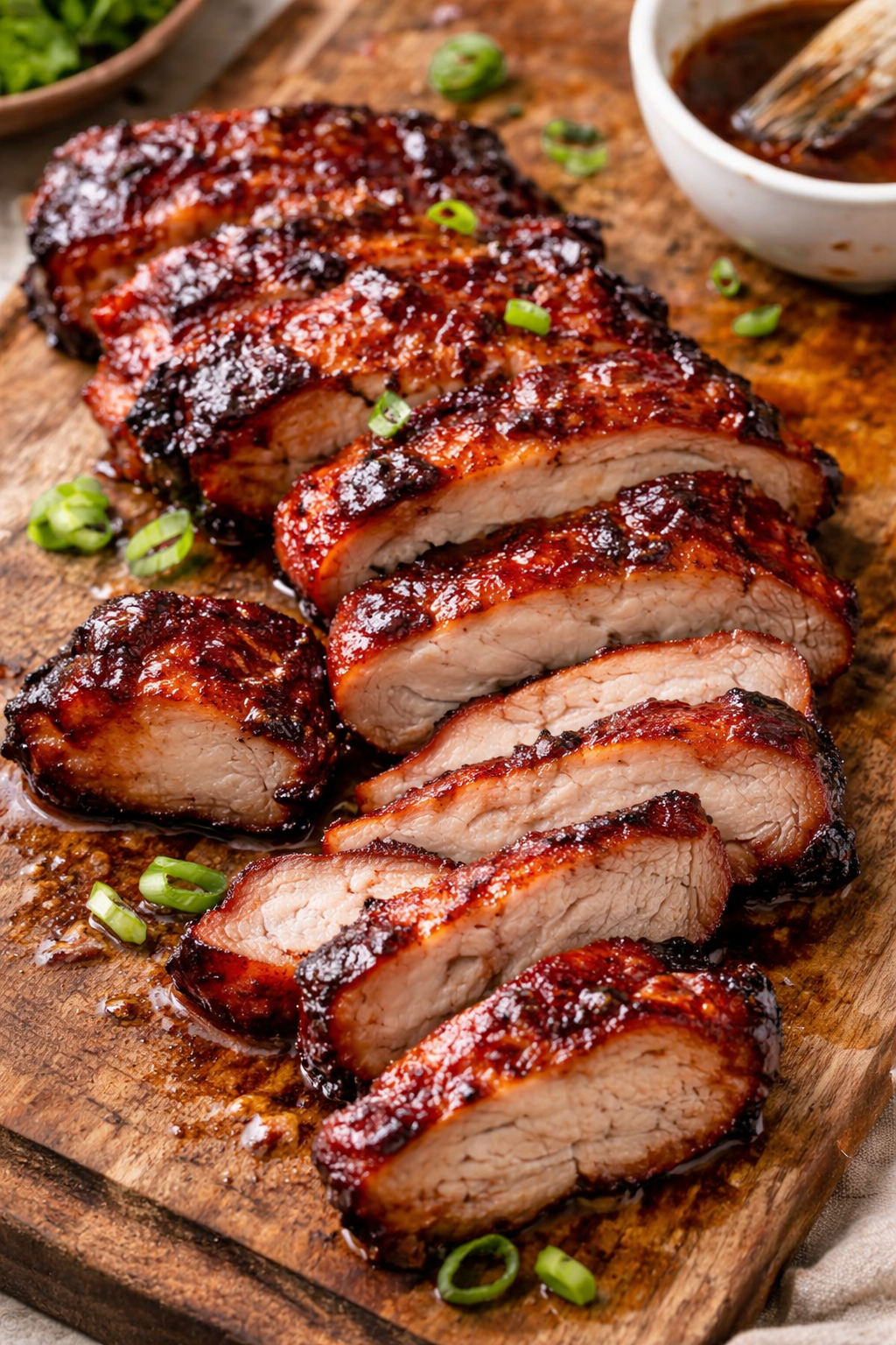 Char siu pork sliced with glossy sticky glaze, showing juicy interior and caramelized edges
