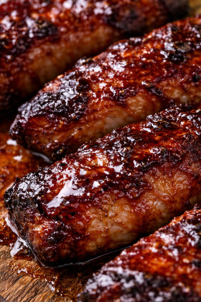 Close-up of char siu pork with sticky glossy glaze and caramelized surface