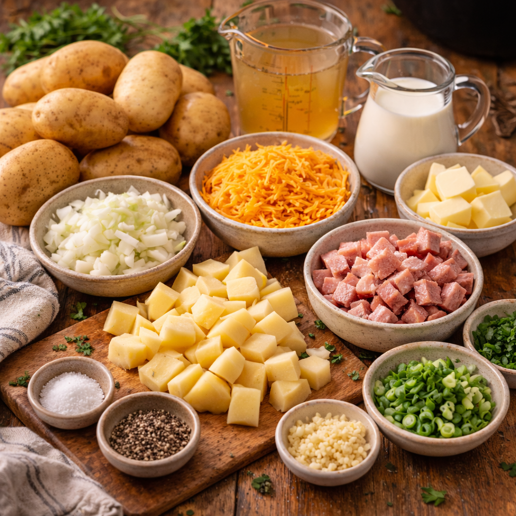 ingredients for cheesy ham and potato soup recipe with potatoes ham cheddar cheese cream broth and onions