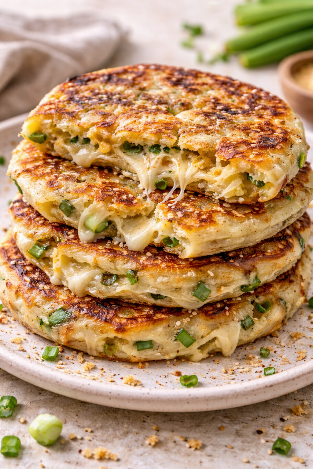 Cheesy scallion pancakes stacked with crispy layers and melted cheese inside, with crumbs scattered on the plate