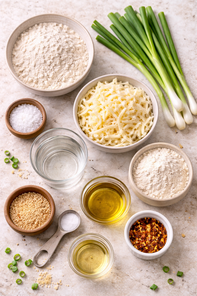 Ingredients for cheesy scallion pancakes including flour, scallions, cheese and sesame oil arranged on a light surface