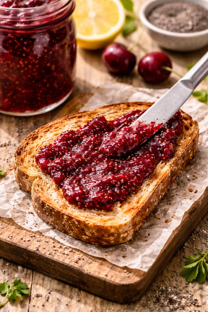cherry chia jam spread on toast with visible chia seeds healthy breakfast idea