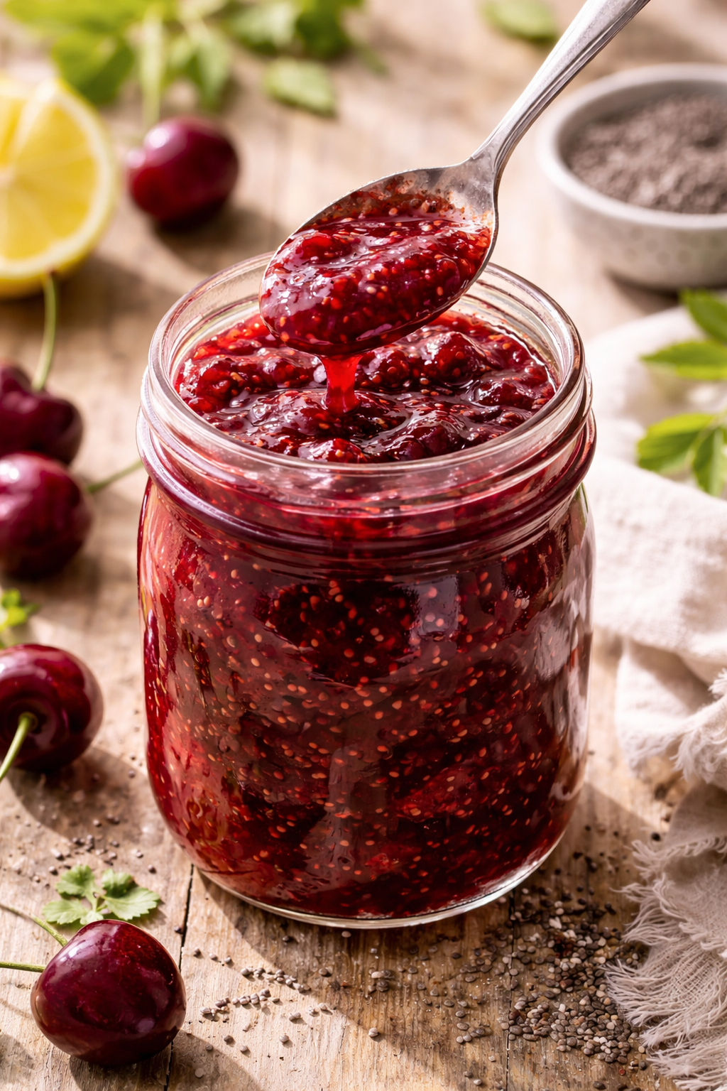 cherry chia jam in jar with spoon and visible chia seeds healthy homemade jam recipe