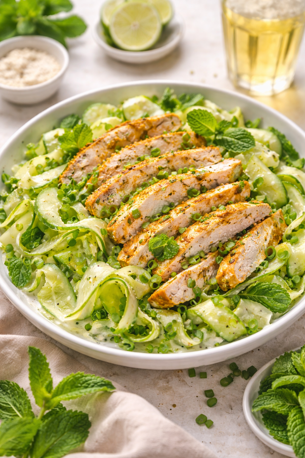 Chicken cucumber salad with sliced chicken breast, cucumber ribbons, yogurt dressing, and fresh herbs in a bright bowl