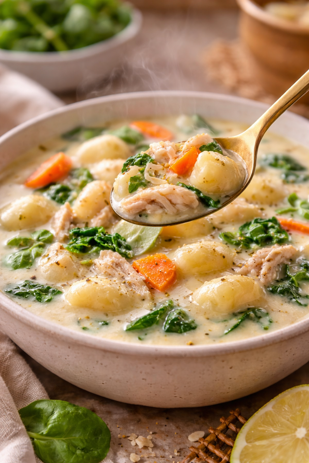 Creamy chicken gnocchi soup with spinach, carrots and tender chicken served in a bowl with a spoon