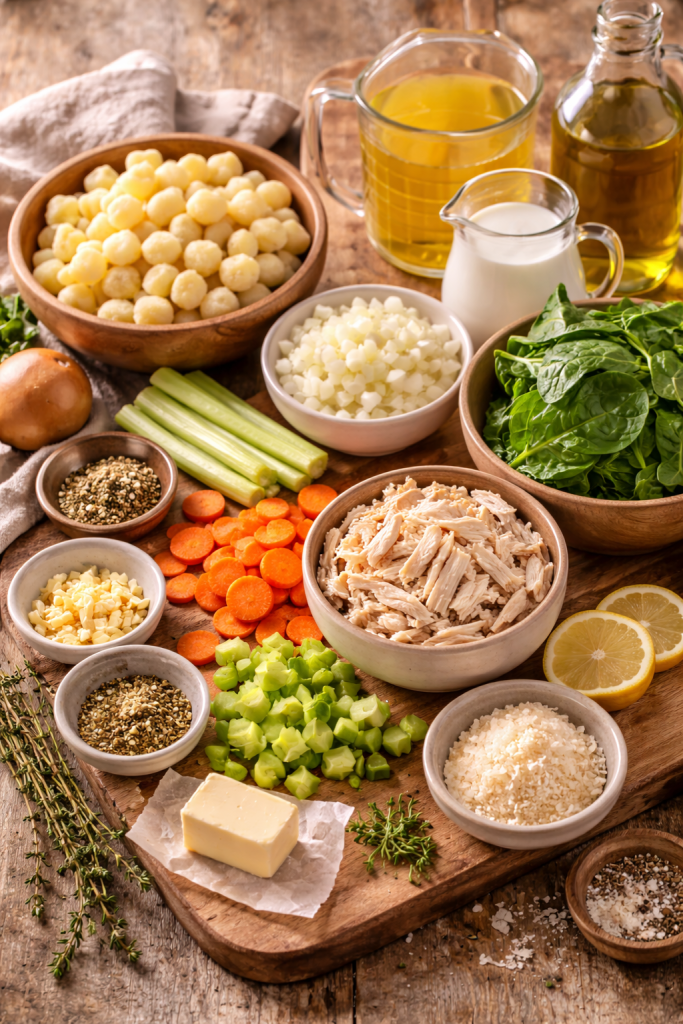 Ingredients for chicken gnocchi soup including gnocchi, shredded chicken, vegetables and broth arranged on a rustic wooden table