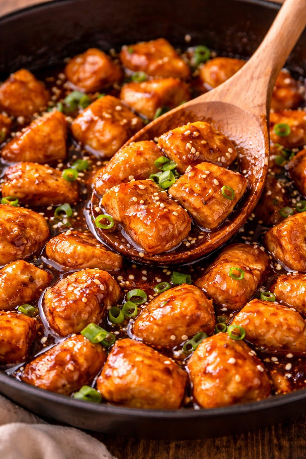 chicken honey garlic recipe in pan with sticky sauce and sesame seeds close up