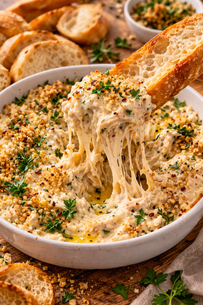 Chicken kiev dip with melted cheese and garlic butter being scooped with a crispy baguette