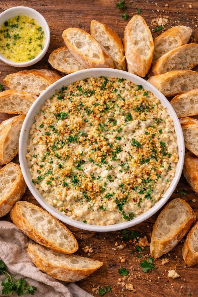 Top-down view of chicken kiev dip with garlic butter, herbs, and toasted baguette slices on a rustic table