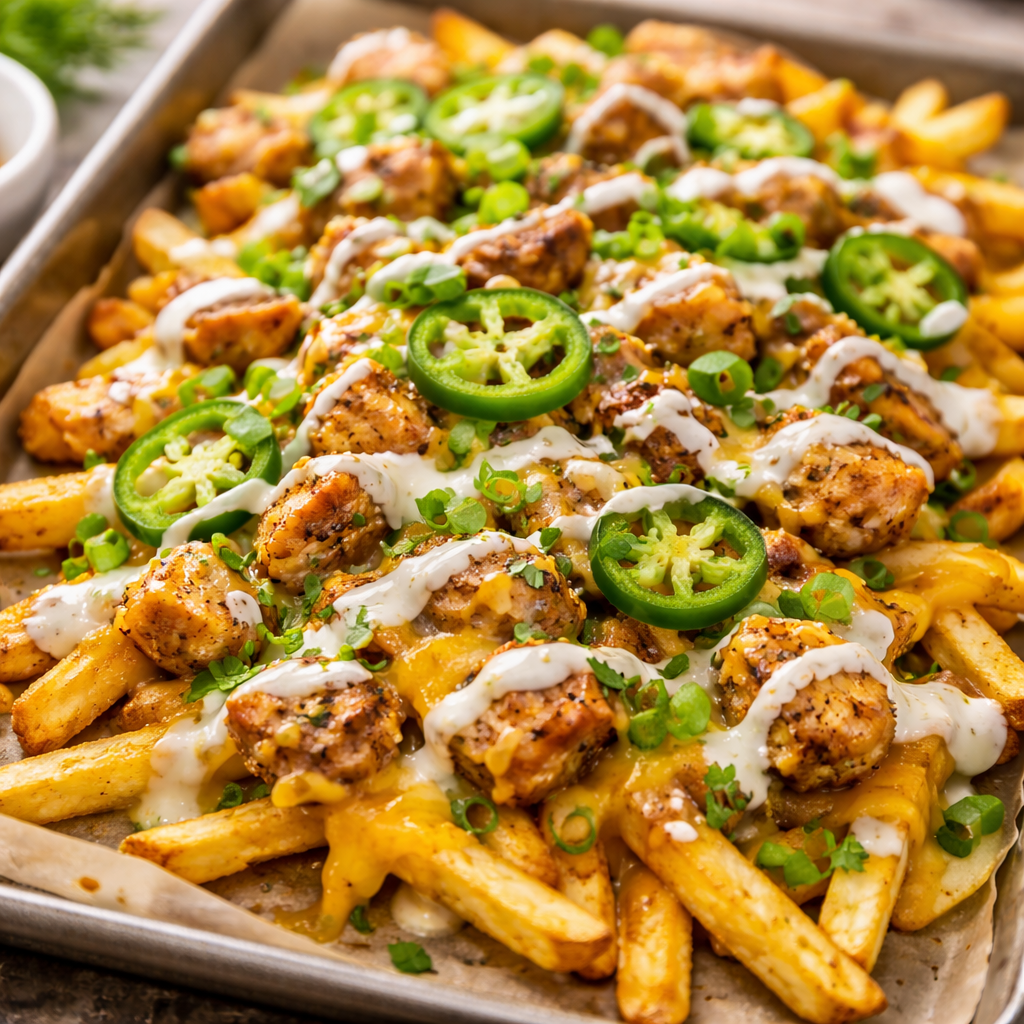 chicken ranch nacho fries with melted cheese ranch drizzle jalapenos and crispy fries loaded fries recipe
