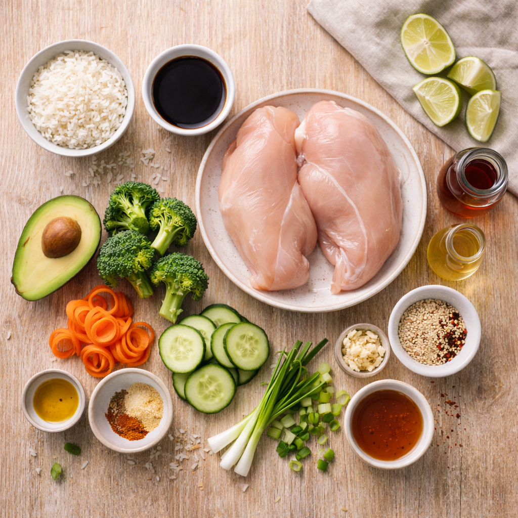 ingredients for chicken rice bowls on light wooden table with rice chicken avocado broccoli and sauce