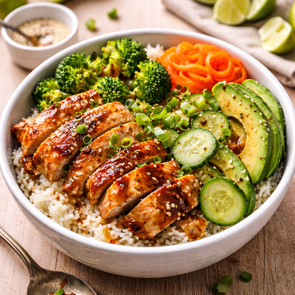 chicken rice bowls with vegetables avocado and sauce healthy easy dinner recipe