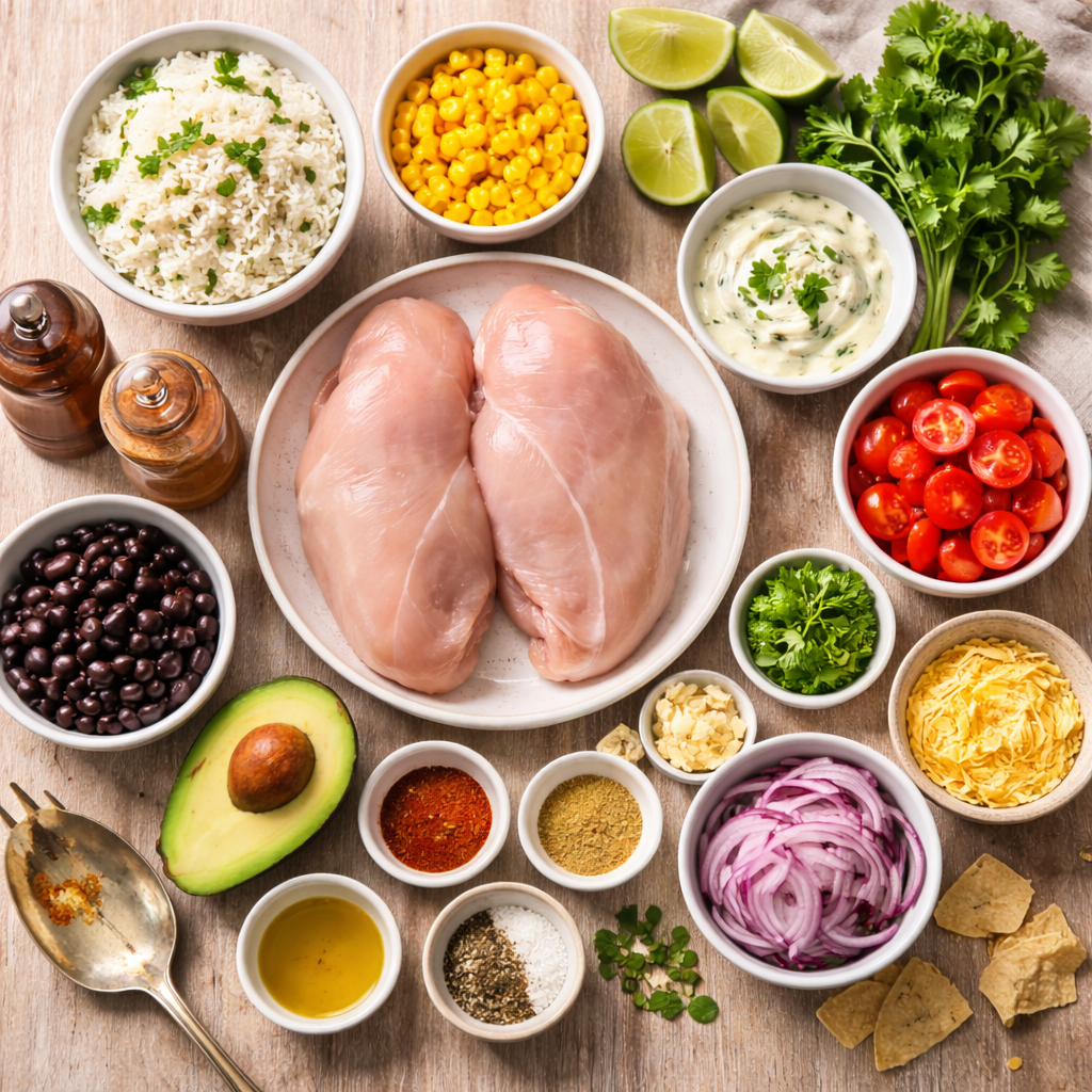 ingredients for chicken taco bowls on wooden table with chicken rice avocado beans corn and toppings