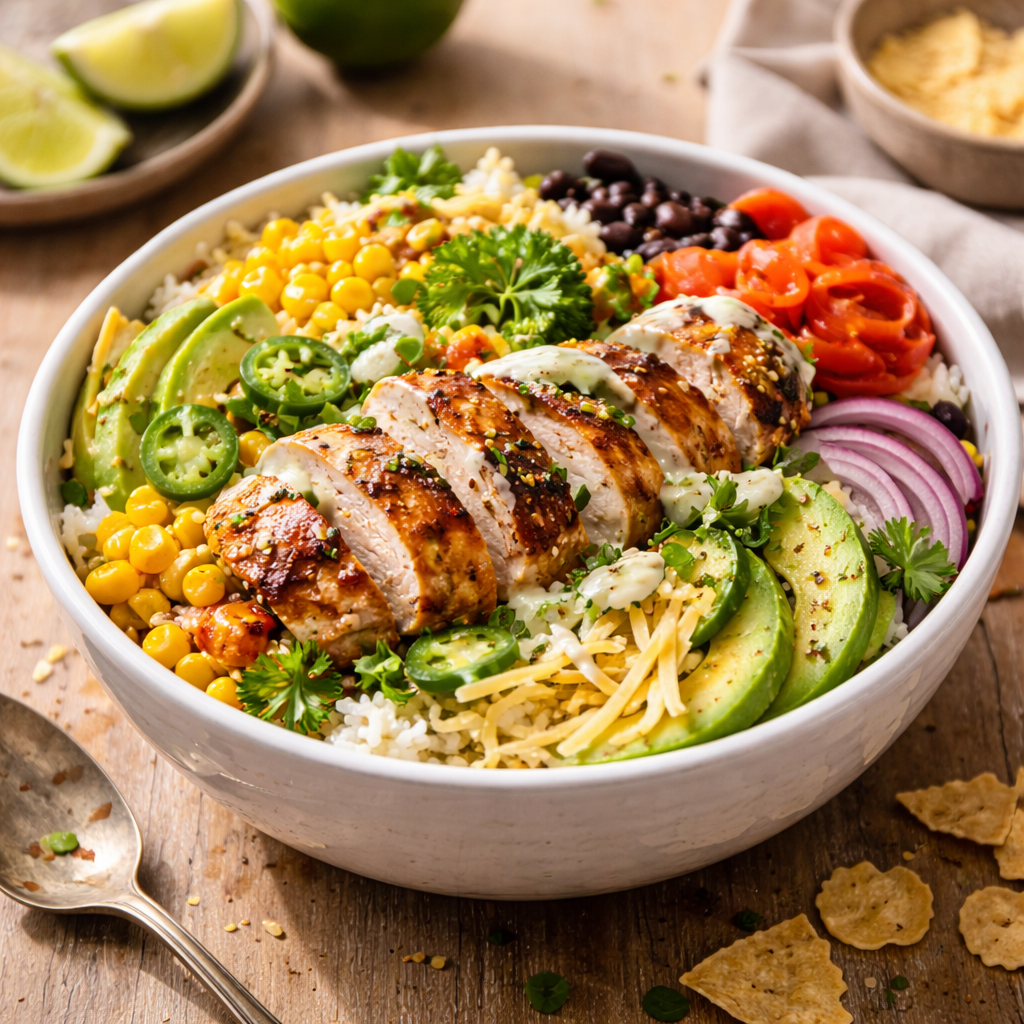 chicken taco bowls with rice avocado corn beans and creamy sauce easy healthy recipe