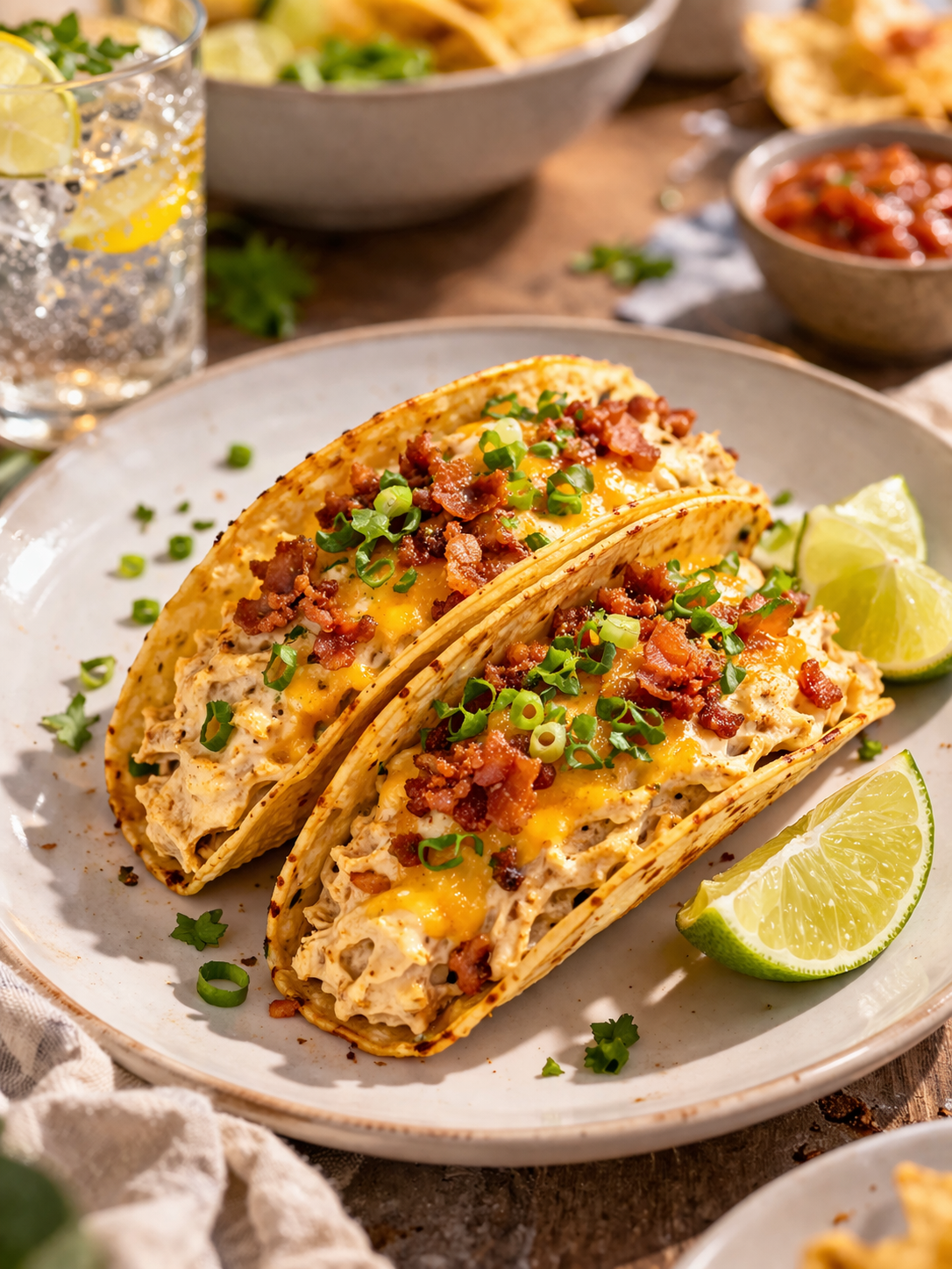 Two creamy baked chicken tacos with melted cheese, bacon, and green onions served on a plate with lime wedges and party-style background