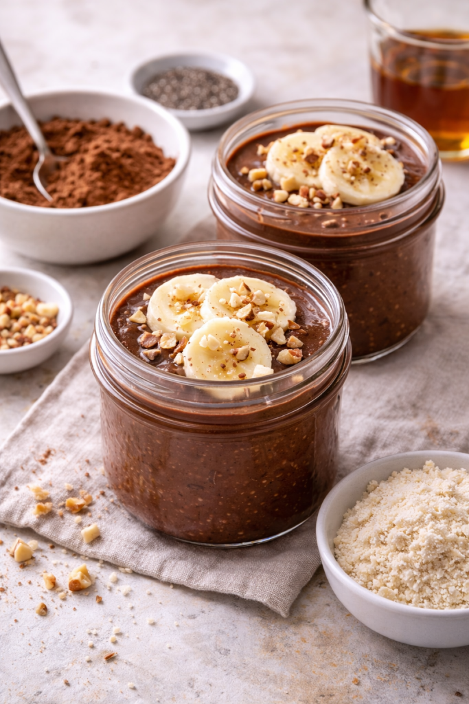 Chocolate protein pudding in glass jars topped with banana slices and nuts in soft natural light