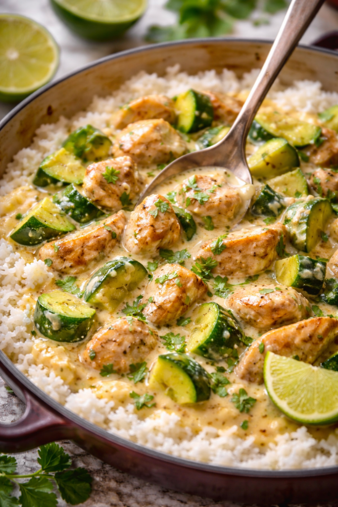Coconut lime chicken with zucchini in a creamy sauce served over rice in a pan