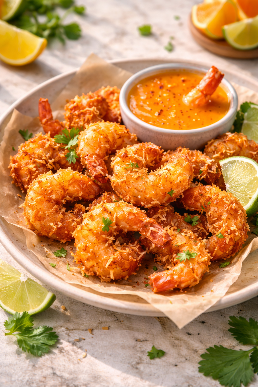 Crispy coconut shrimp served with orange dipping sauce on a plate with lime and herbs