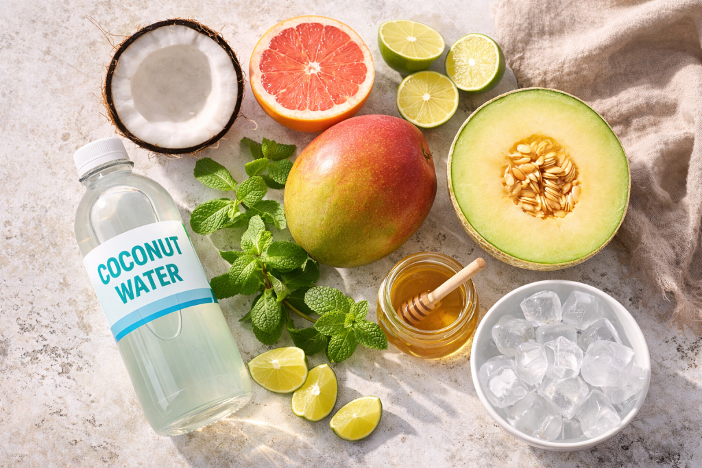 Ingredients for coconut water lemonade including fresh fruit, lime, mint and coconut water arranged on a light surface