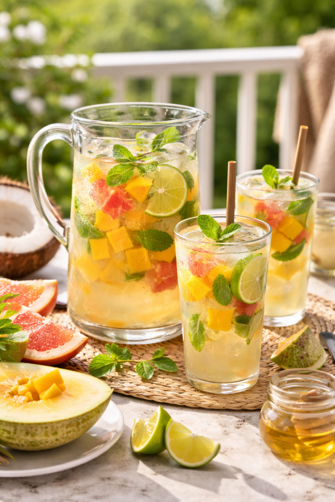Coconut water lemonade with fresh fruit and mint served in glasses on a sunny terrace