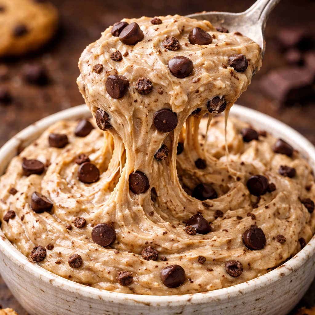 spoon lifting thick cookie dough dip with chocolate chips stretching and dripping back into bowl